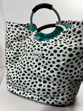 SWIG Dalmatian-Print Tote in Black & White with Teal Interior